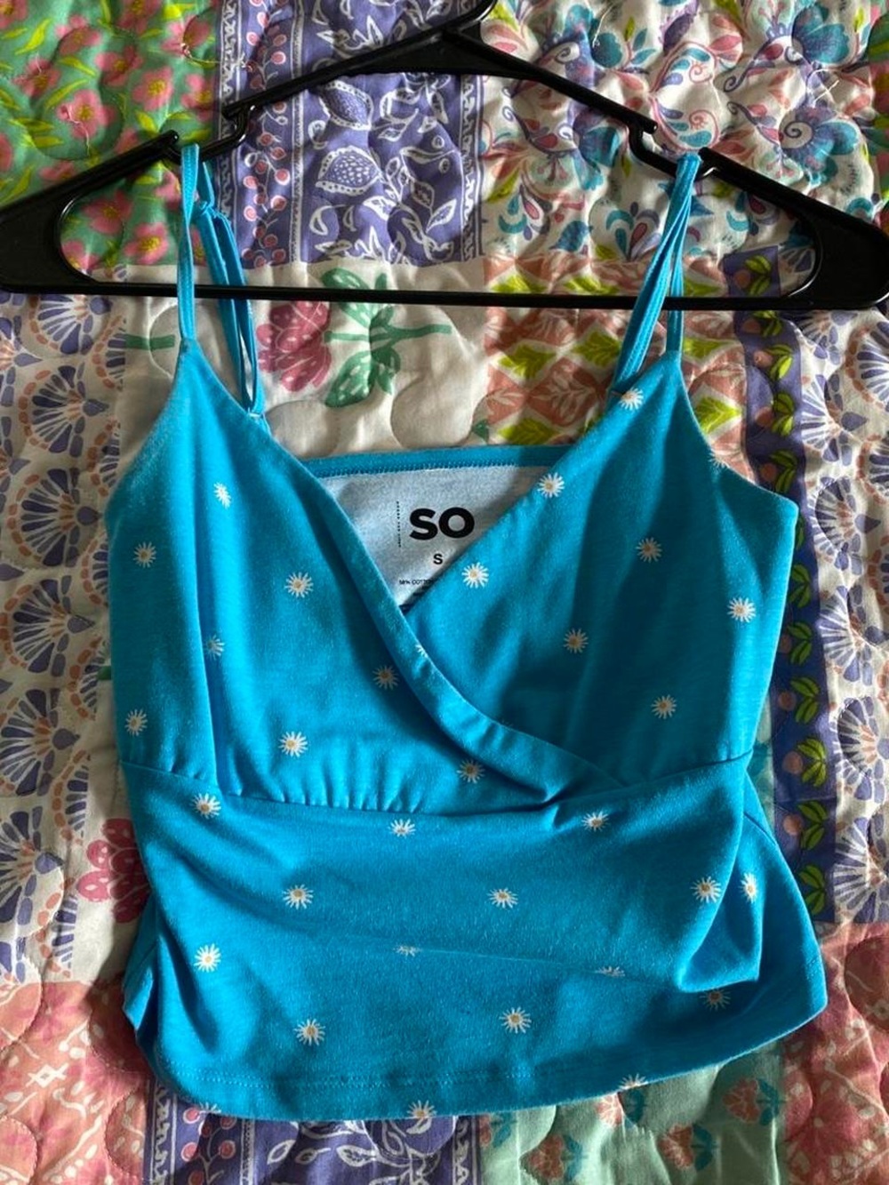 SO Bright Turquoise Daisy Print Wrap Cami Top